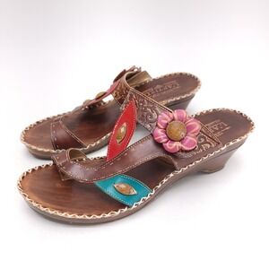 Spring Step L'Artiste Belanus Brown Leather Floral Wedge Sandals Womens 38